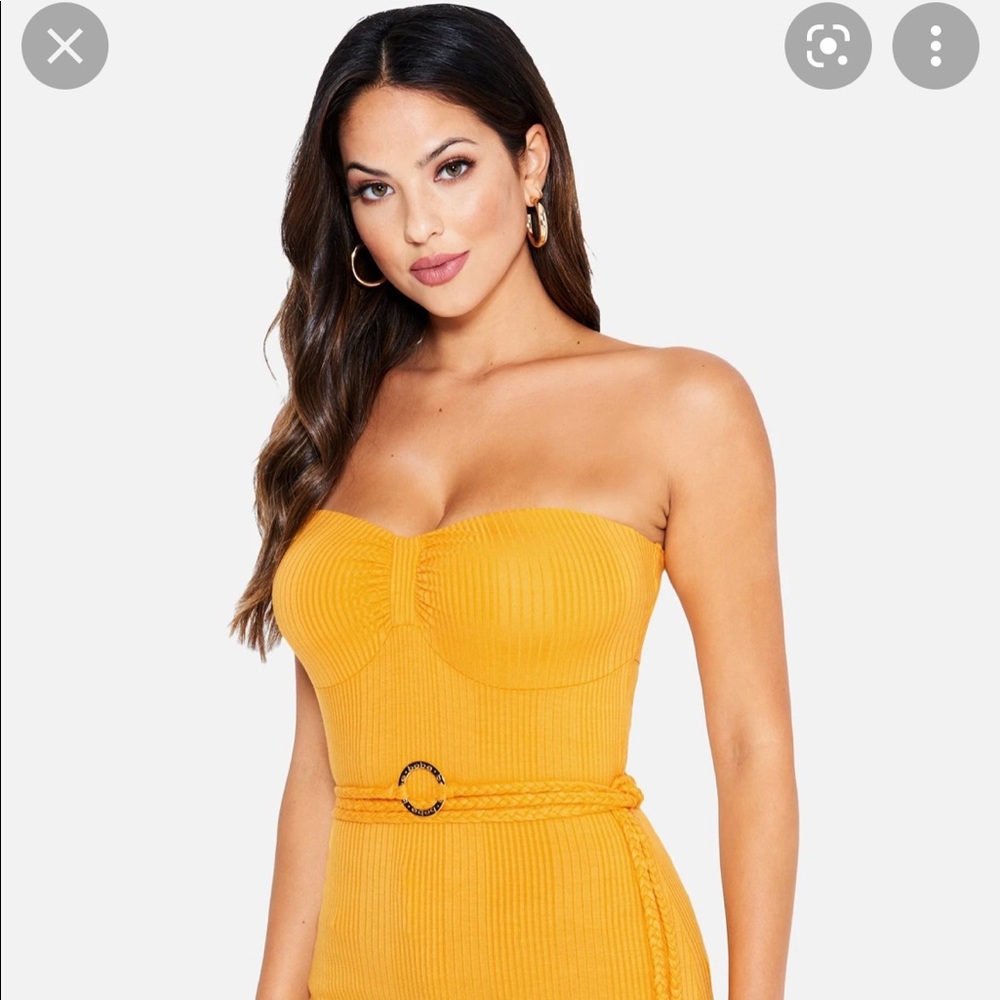 Bebe Strapless Rib Belted Knit Top